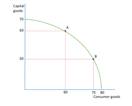 <p>By producing 60 capital goods, how many consumer goods are lost?</p>