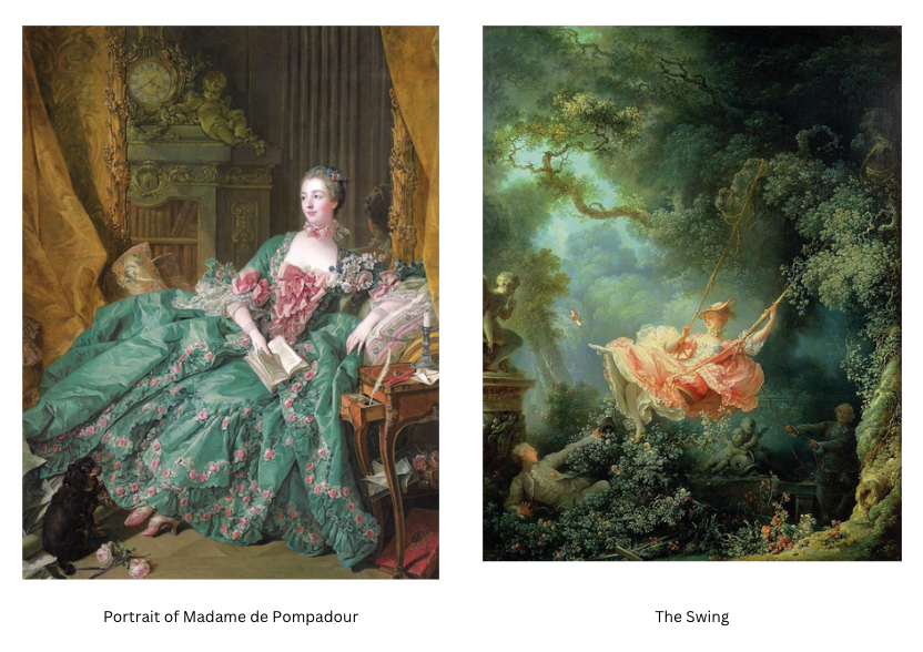 <p><strong><span>&nbsp;</span>François Boucher, Portrait of Madame de Pompadour</strong></p><ul><li><p>A portrait glorifying Louis XV’s mistress as cultured, refined, and powerful.</p></li></ul><p><strong>Jean-Honoré Fragonard, The Swing</strong></p><ul><li><p>An iconic Rococo painting celebrating flirtation, pleasure, and aristocratic excess.</p></li></ul><p></p>