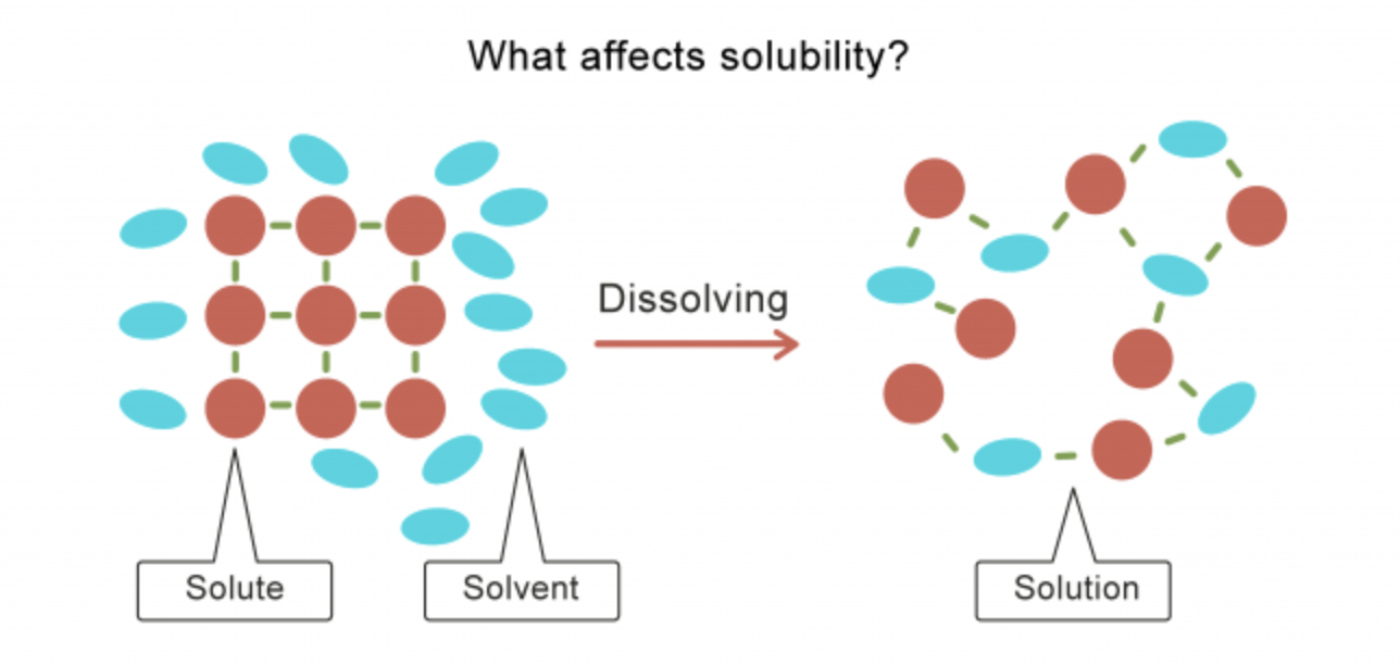 The charge of the water molecule breaks up the bonds of the solute