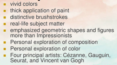 <p><span data-name="black_small_square" data-type="emoji">▪</span><span> is the name given to an art movement that appeared after the Impressionist movement</span></p><p><span data-name="black_small_square" data-type="emoji">▪</span><span> Used </span><strong><span>abstract patterns</span></strong><span> to give a </span><strong><span>symbolic and personal meaning</span></strong><span> to paintings<br></span><strong><span>- incorporate subjective perspective</span></strong></p>