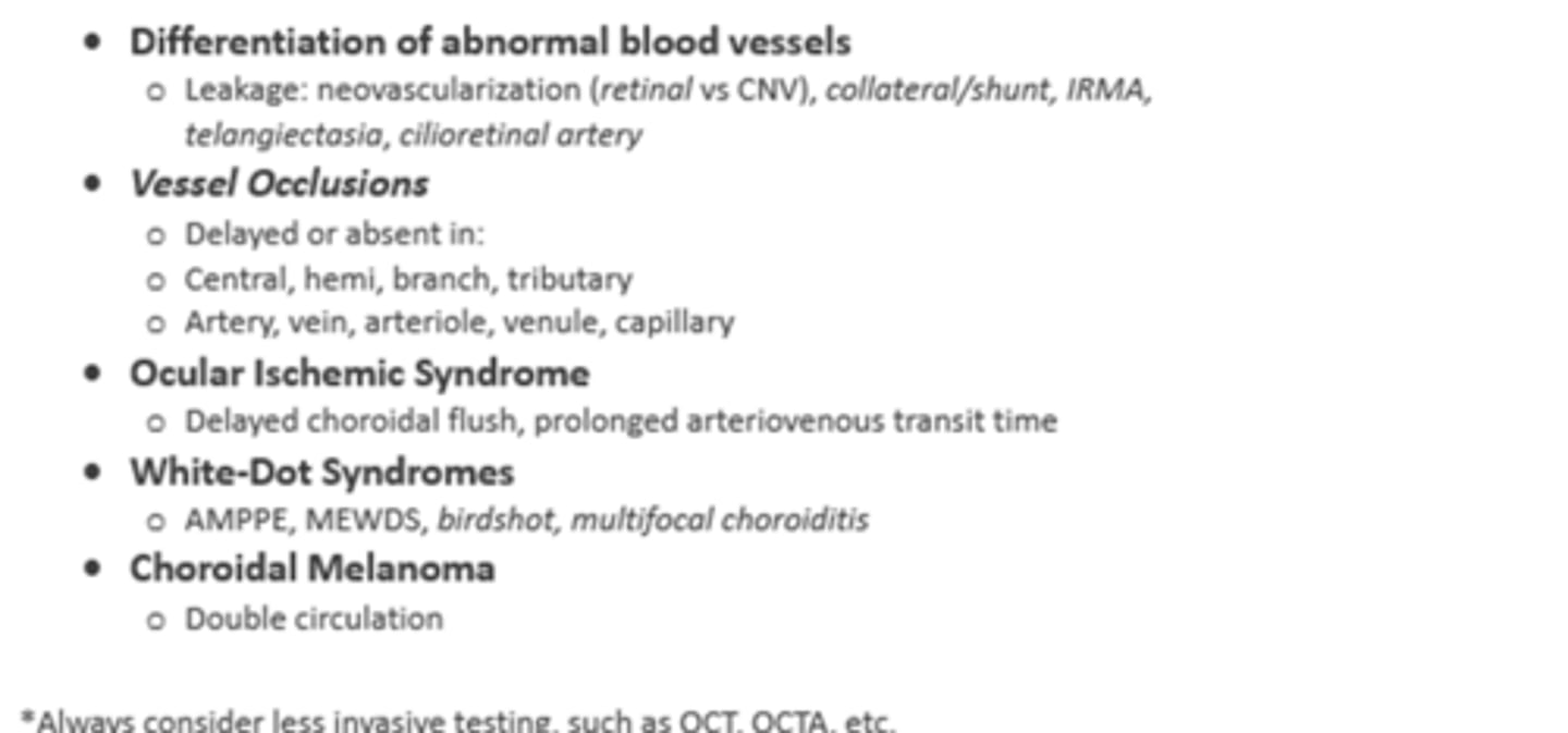 <p>differentiate abnormal BV (neo)</p><p>proliferative DR</p><p>exudative MD</p><p>ocular ischemic syndrome</p><p>BV occlusions</p><p>white dot syndromes</p><p>choroidal melanoma</p>