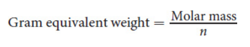 <p>Equivalents<br>Gram equivalent weight (Mass of compound / gram equivalent weight)<br>Normality (<em>N</em>) (Normality / n)<br>Molarity</p>