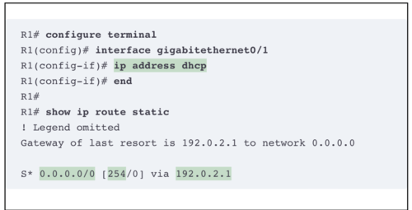 <p>The end of the example shows the resulting default route. Oddly, IOS displays this route as a static route (destination 0.0.0.0/0), although the route is learned dynamically based on the DHCP-learned default gateway. To recognize this route as a DHCP-learned default route, look to the administrative distance value of 254. IOS uses a default administrative distance of 1 for static routes configured with the ip route configuration command but a default of 254 for default routes added because of DHCP.</p>