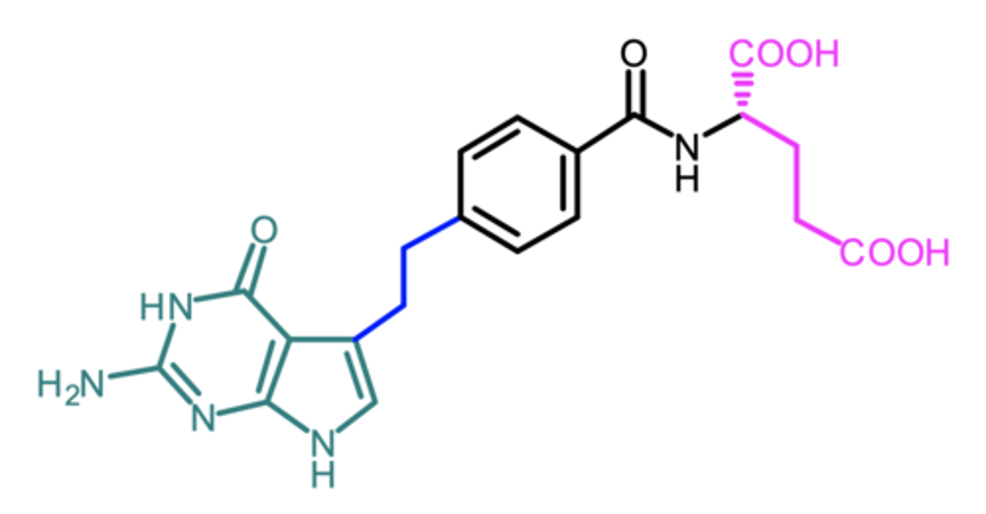 <p>(antifolate)</p><p>ROA: IV</p><p>MOA: inhibits synthesis of pyrimidine and purine nucleotides via inhibition of DHFR and GAR transformylase</p><p>indication: NSCLC, malignant pleural mesothelioma (combo w cisplatin)</p><p>ADME: dose-proportional Cmax and AUC, 81% ppb</p><p>AE: myelosuppression, neutropenia, nausea, mucositis</p>