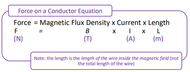 <p>force = magnetic flux density × current × length</p><p>F = BIl</p>