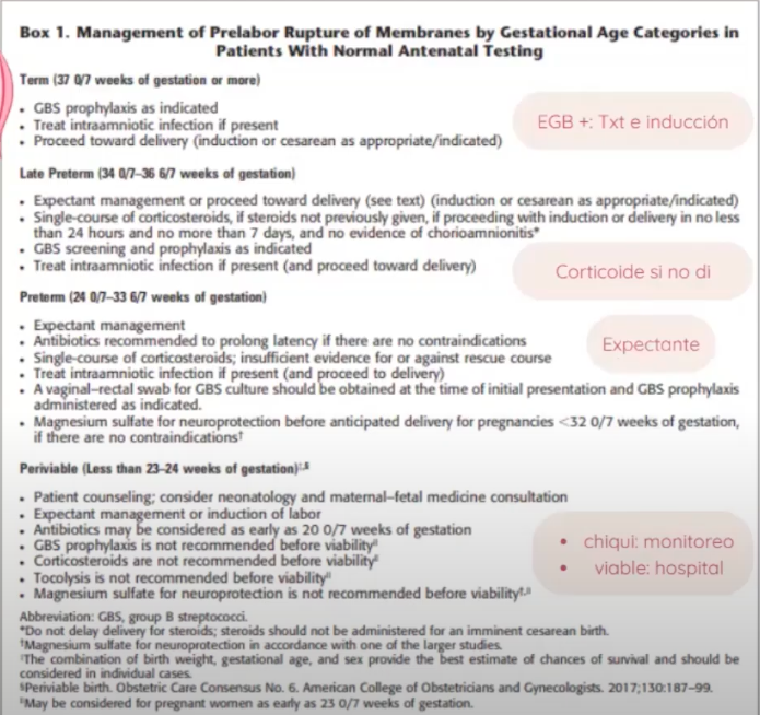 <ul><li><p>Profilaxis strep grupo B (agalactiae; EGB, GBS)</p></li><li><p>Inducción/cesárea según indicaciones</p></li></ul><p></p>
