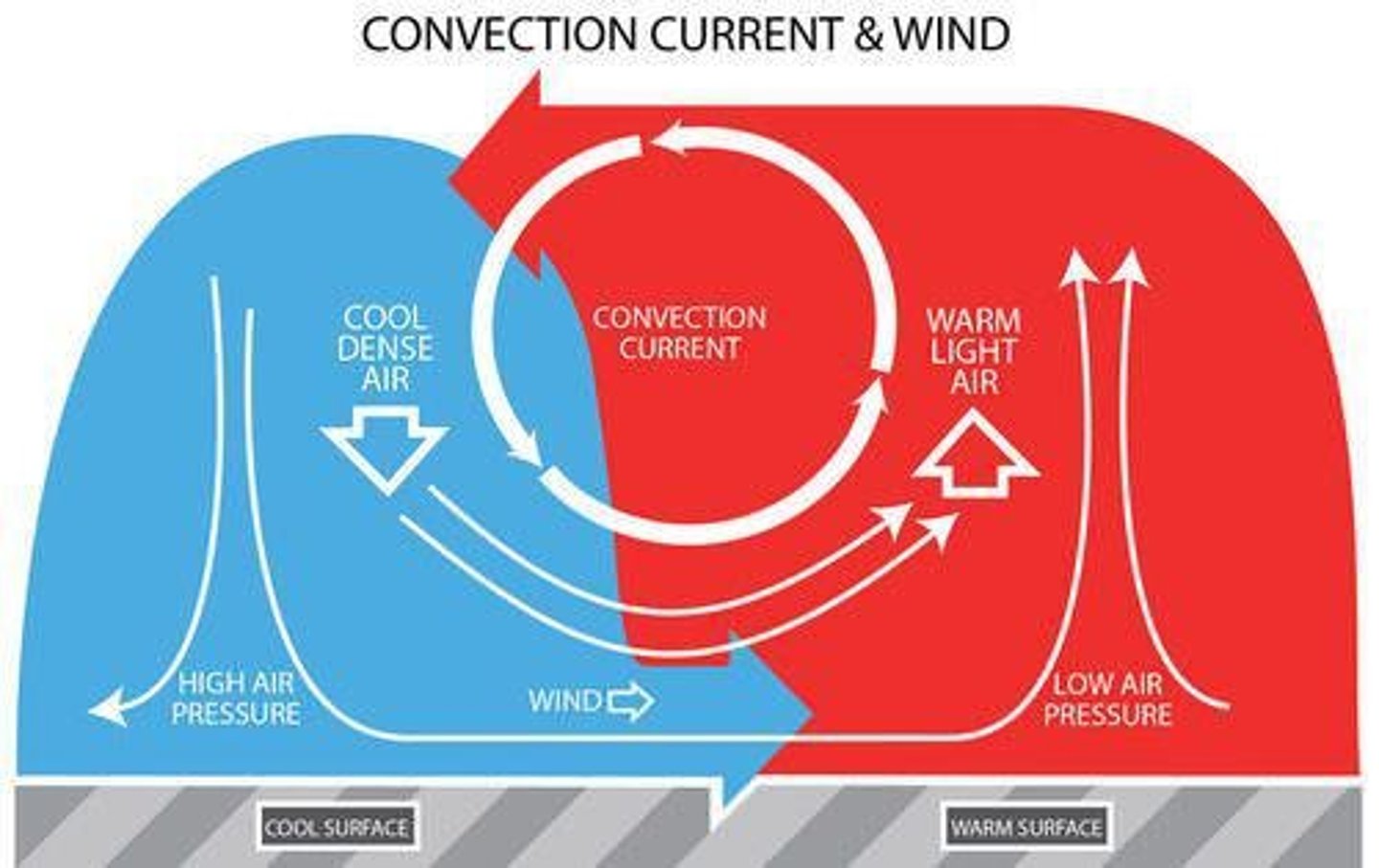 <p>Unequal heating of Earth's surface, leading to air movement as warm air rises and cool air sinks.</p>