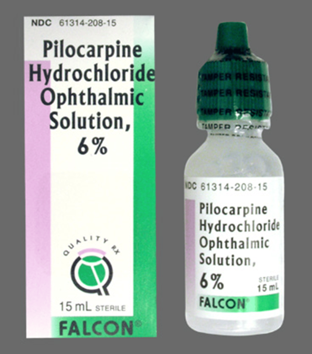 <p>muscarinic cholinergic agonist = iris sphincter contracts, CB contracts:</p><p>pupil constricts</p><p>accom</p><p>increased aq outflow (opens TM)</p>