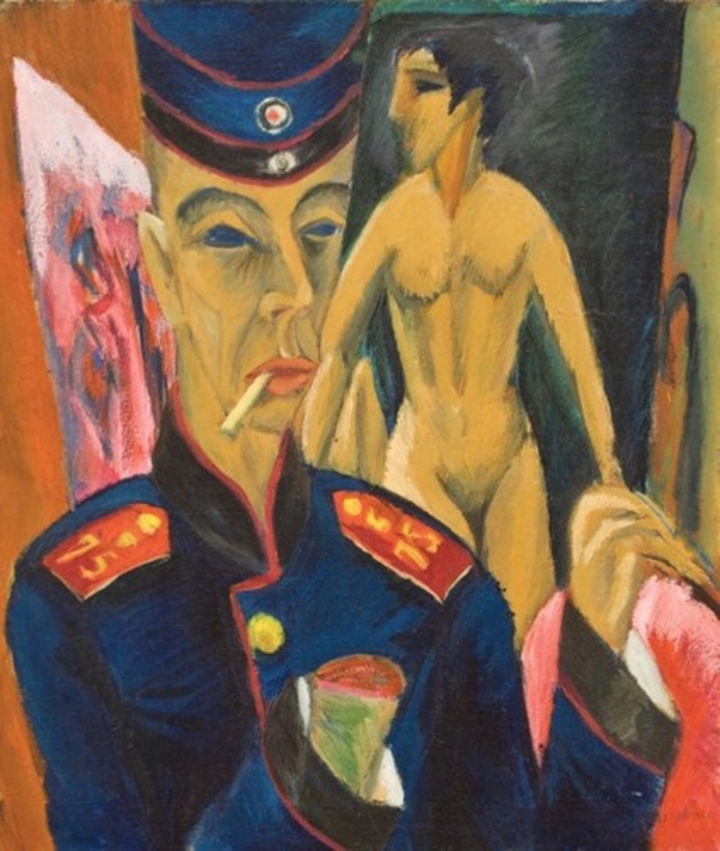 <p>1915. Ernst Kirchner. Oil on canvas. Expressionist<br>Founder of the bridge movement<br>Unwillingly drafted in ww1 as an artillery driver to avoid combat<br>Discharged after a mental breakdown, painted this durng recuperication period<br>Struggled with alcoholism and addiction<br>Cltohed figure has a gaunt face and mussign a hand (inability to paint).<br>Hand is focal point, contrast between light/dark and green/red<br>Nude figure shows what he is struggling to paint, the expressive nonclassical bridge figures.<br>Tangents create claustrophobia and anxiety<br>Egebags, sickly sallow skin, unhealthy, eyes are pools black.<br>Depicted in a soldiers uniform, even after he was discharged. Past is haunting him/<br>Unsettling background, jarring colors, striking facial features. NIGHTMARISH!<br>Ridiculed as degenerate and removed from exhibitions, committed sucidide in 1938</p>