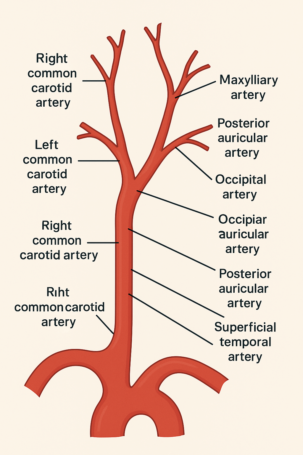 <ul><li><p>1. Origin of Common Carotid Arteries:</p><ul><li><p>Right common carotid artery branches from the brachiocephalic trunk.</p></li><li><p>Left common carotid artery branches directly from the arch of the aorta.</p></li></ul></li><li><p>2. Bifurcation of the Common Carotid Artery:</p><ul><li><p>Occurs around the level of the 4th cervical vertebra (C4) (near the upper border of the thyroid cartilage or around the 4th rib depending on anatomical variation).</p></li><li><p>Splits into:</p><ul><li><p>Internal carotid artery (goes to the brain, no branches in the neck).</p></li><li><p>External carotid artery (supplies face, neck, scalp).</p></li></ul></li></ul></li><li><p>3. Branches of the External Carotid Artery (in order):</p><ol><li><p>Superior thyroid artery – goes to the top of the thyroid gland.</p></li><li><p>Lingual artery – supplies the tongue.</p></li><li><p>Facial artery – supplies the face; palpable at the mandibular edge.</p></li><li><p>Occipital artery – goes posteriorly to the occipital bone.</p></li><li><p>Posterior auricular artery – goes behind the ear (posterior to the external acoustic meatus).</p></li><li><p>Maxillary artery – large terminal branch that supplies deep facial structures.</p></li><li><p>Superficial temporal artery – final branch; continues upward and gives many branches along the lateral side of the head.</p></li></ol></li></ul><p></p>