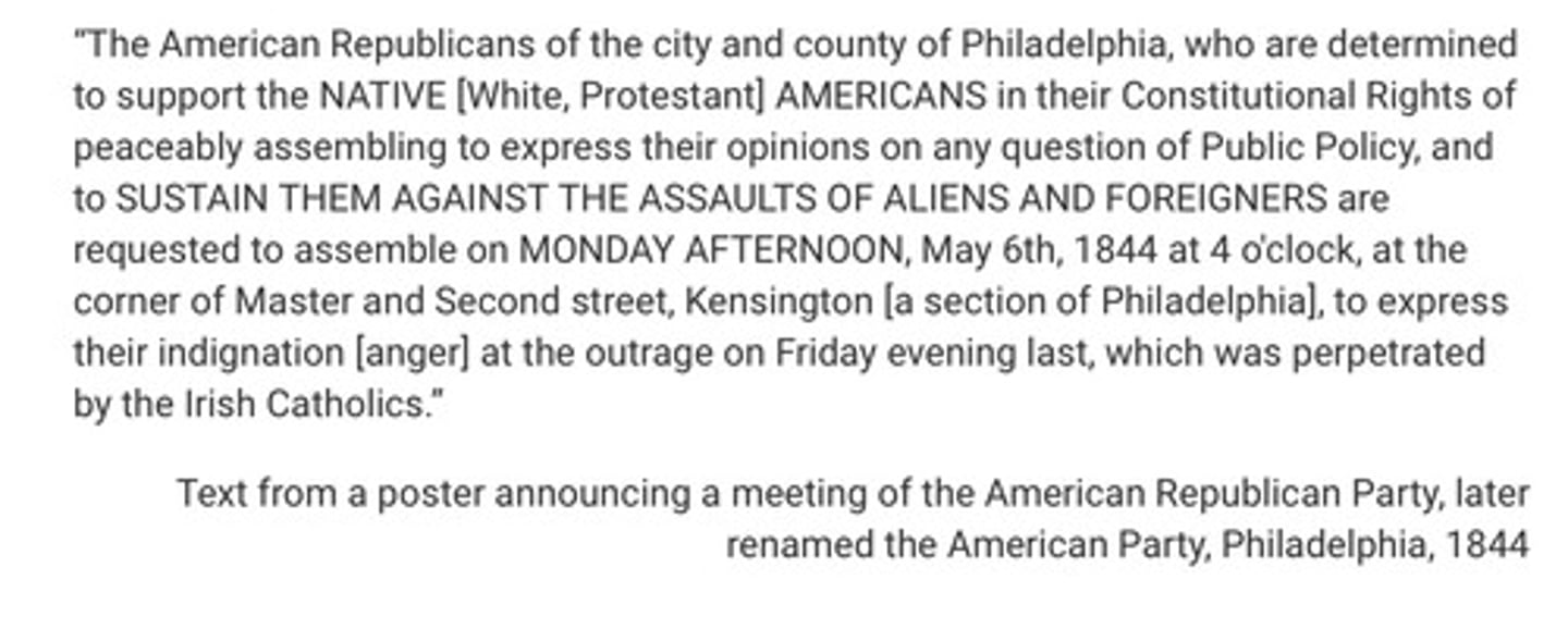 <p>The language in the excerpt was most likely interpreted as promoting which of the following?</p><p>A. States' rights</p><p>B. Nativist sentiment</p><p>C. Religious pluralism</p><p>D. Abolitionist activism</p>