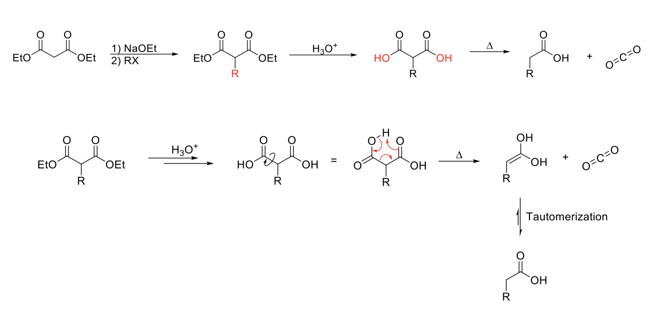 <p><strong>Mechanism:</strong></p><p>1) Enolate formation on one ester of dethyl malonate.</p><p>2) SN2 reaction: Formation of C=O, double bond attacks R-X, X leaves.</p><p>3) Acid hydrolyizes both esters into carboyxlic acids.</p><p>4) Heat causes decarboxylation (C=O grabs H from carboxylic acid, O from alcohol part of carboxylic acid forms CO2 structure, single bond between carboxylic acid breaks to form enol).</p><p>5) Enol tautomerizes to carboxylic acids.</p><p></p><p><strong>Notes:</strong></p><p>Use to functionalize acetic acid.</p><p>Start with dethyl malonate.</p><p>Can do 1 or 2 alkylations.</p><p>Weaker base usable since proton of dethyl malonate is more acidic.</p>