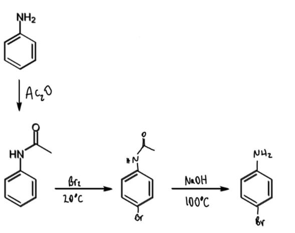 <ul><li><p>acetylation of the amine reduces its electron donation into the aromatic ring</p></li><li><p>it also creates steric hindrance around the ortho positions</p></li><li><p>can then create a monobromide rather than tribromide</p></li></ul><p></p>