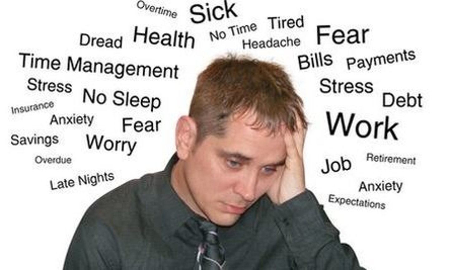<p>a state of tension caused by any thought or event that makes someone feel frustrated, angry, or nervous (can lead to disorders and disease)</p>