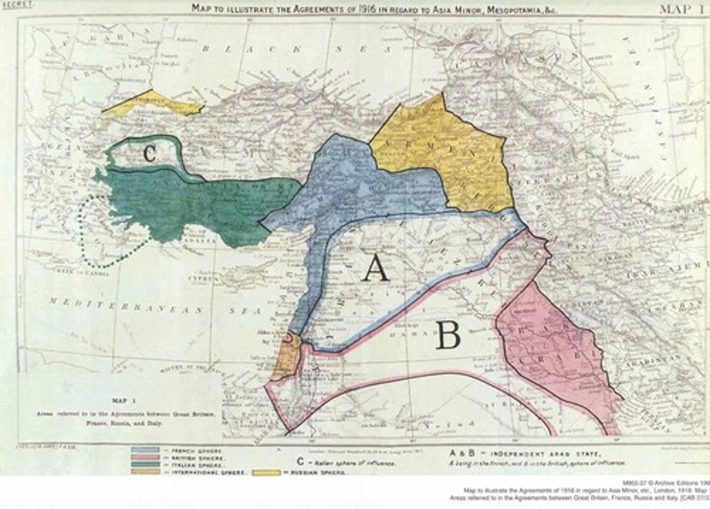<p>a secret 1916 deal between Britain and France (with Russia's consent) to divide Ottoman-controlled lands in the Middle East, ignoring local populations and sowing seeds of long-term conflict.</p>
