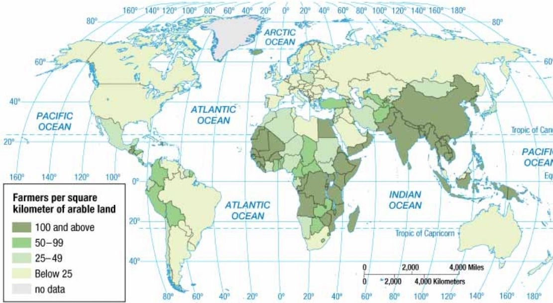 <p><span>Number of farmers per unit area of <strong>arable </strong>land</span></p><p><span>Higher agricultural density suggests that there are more farmers relative to the amount of arable land, potentially indicating pressure on the land or less efficient farming practices</span></p>