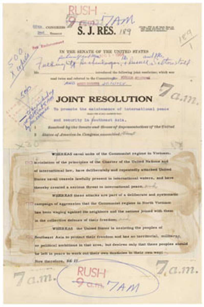 <p>1964 Congressional resolution authorizing President Johnson to take military action in Vietnam</p>