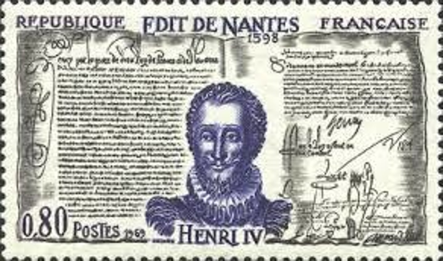<p>1598 decree by Henry IV of France granting religious tolerance to Huguenots, ending the French Wars of Religion.</p>