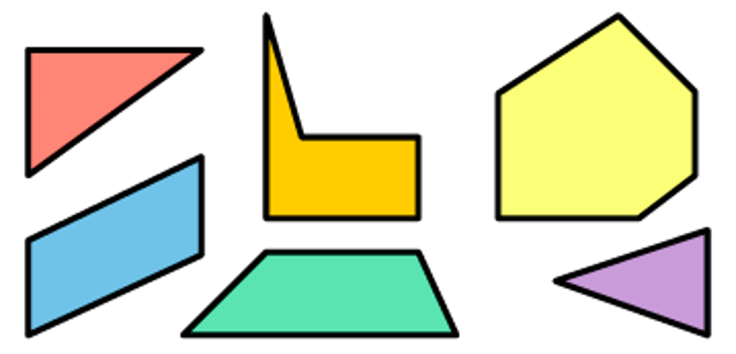 <p>A closed plane figure with at least three sides that are segments. The sides intersect only at their endpoints, and no adjacent sides are collinear.</p>