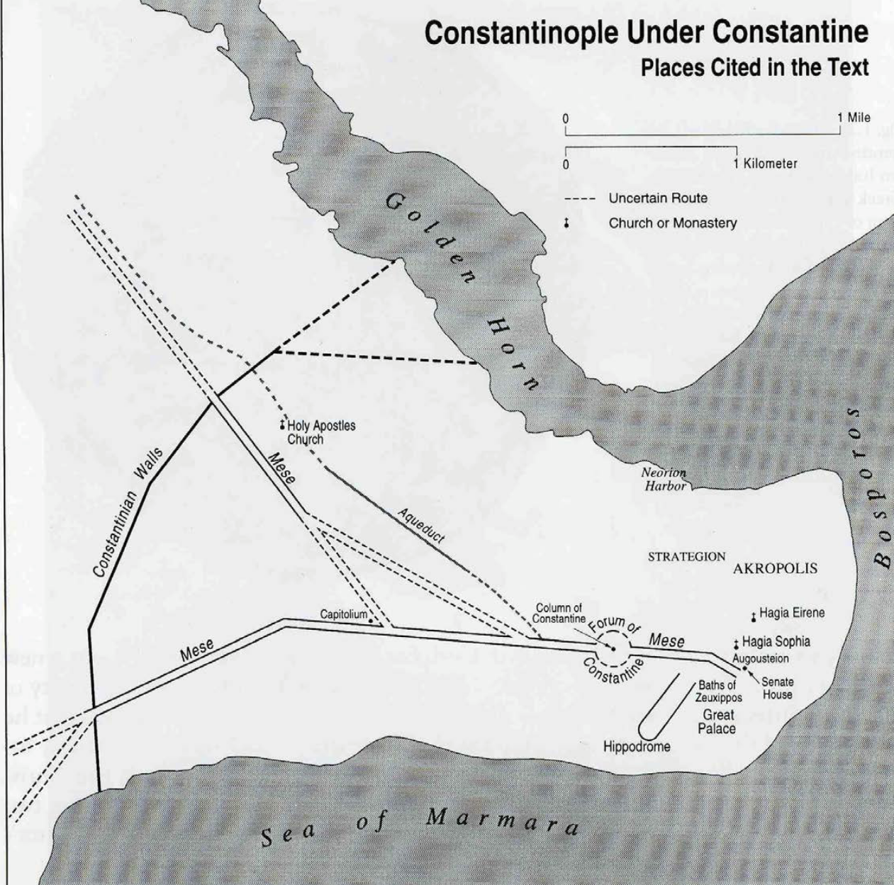 <p>uses political topography: city at edge of Europe and Asia, easy to defend - surrounded by water on 3 sides, access to trade routes. Basileia = Imperial Palace, Sacerdotium = Hagia Sophia, Senate = Augustaion Forum (balance)</p>