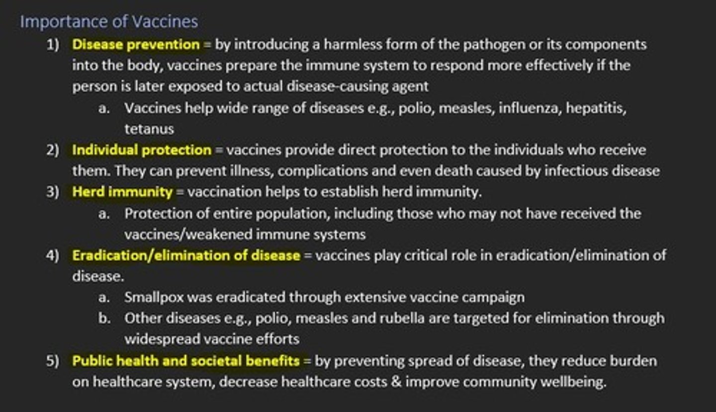 <p>1) Disease prevention</p><p>2) Individual protection </p><p>3) Herd immunity</p><p>4) Eradication/elimination of disease e.g., smallpox</p><p>5) Public health and societal benefits = reduce burden on healthcare system, decrease healthcare costs &amp; improve community wellbeing.</p>