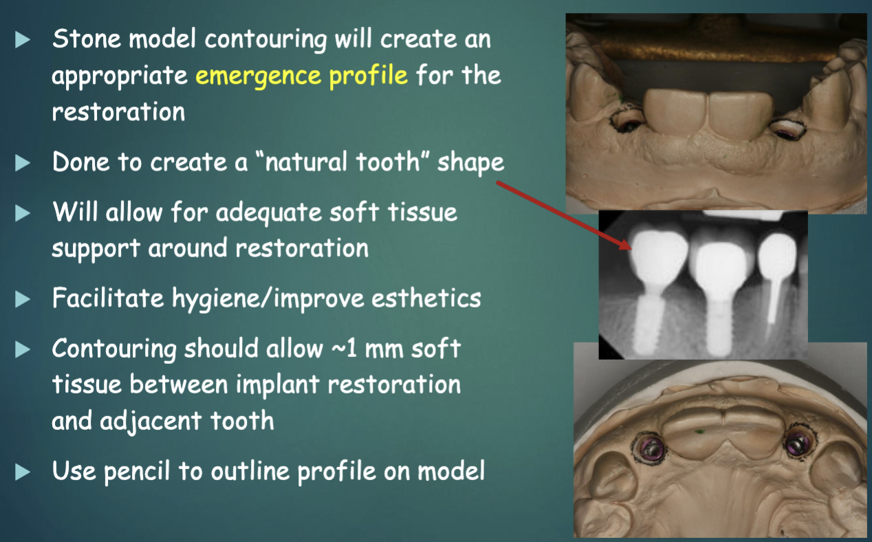 <ul><li><p>to create a natural tooth shape </p></li><li><p>allow for adequate soft tissue support arounf restoration </p></li><li><p>facilitate hygiene/improve esthetics </p></li></ul><p></p>