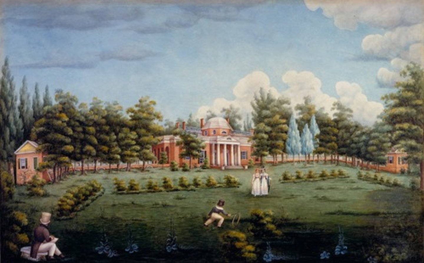 <p>- flankers with terraces that would surround the garden<br>- spaces beneath the terraces used for workshops and store rooms<br>- out-of-sight cabins for slaves<br>- South terrace room for Sally</p>