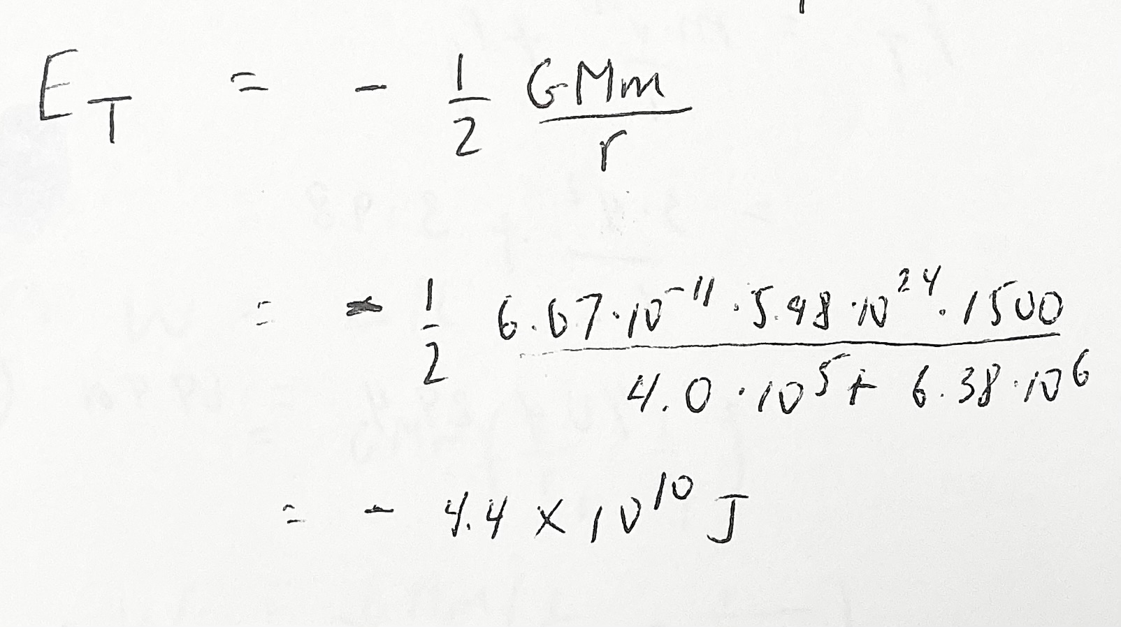 <ol start="3"><li><p style="text-align: start">Input values into Total Energy = -(1/2)(GMm/r) and solve.</p></li></ol>