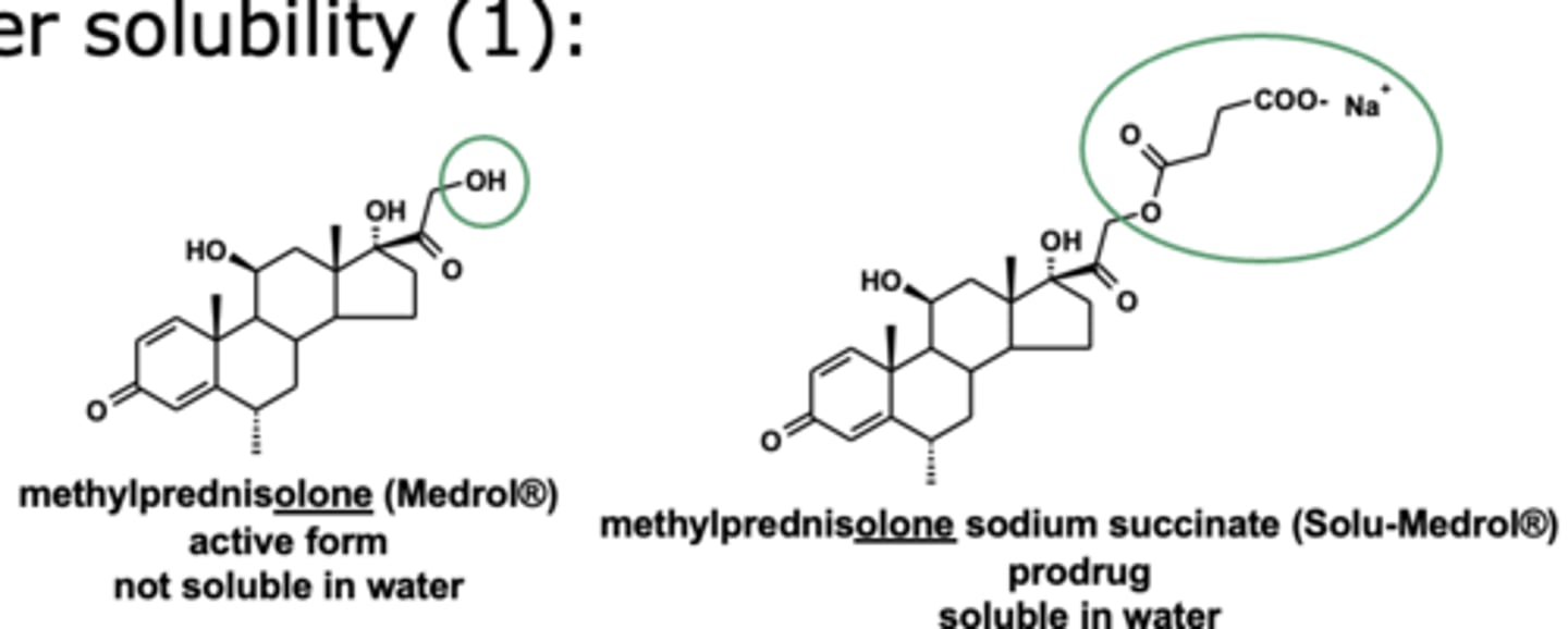<p>methylprednisolone is the active form. It is not soluble in water</p><p>- <strong>methylprednisolone sodium succinate is the prodrug</strong>, soluble in water</p>