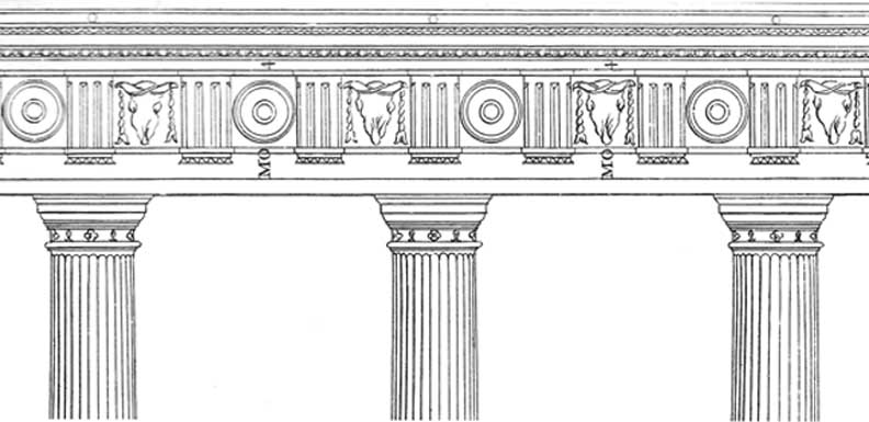 <p>alternates triglyphs and metopes</p>