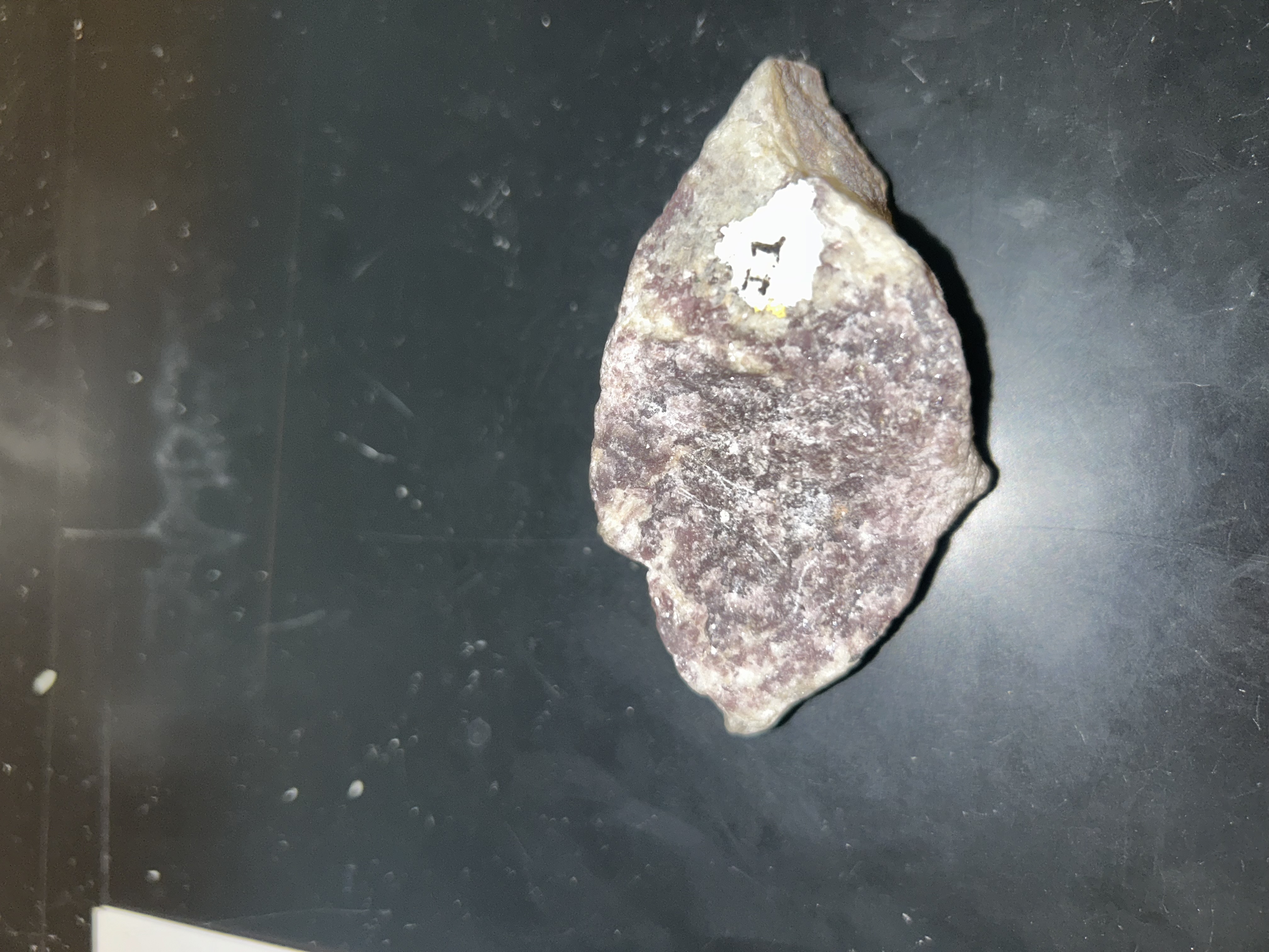 <ol><li><p>hardness= 2.5-4; cannot scratch glass.</p></li><li><p>﻿﻿﻿purple Mica</p></li><li><p>﻿﻿﻿hexagonal</p></li><li><p>﻿﻿﻿micaceous cleavage</p></li><li><p>﻿﻿﻿pearly Luster</p></li><li><p>﻿﻿﻿color: pink/lilac</p></li></ol>