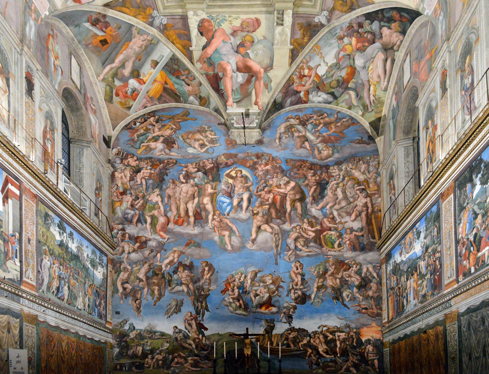 <p>time period/movement, artist, where, for who, painted what before and came back for what, in the painting who is in the center and what does he have, how is this different from other representations of christ, who is beside christ, right and left, trumpeting angles were different because of what, why? who else can we see here, what did people of the time think about nudity? how was it fixed, the damned side line was where, what is happening here, where is the mouth of hell, what was painted about hell- name, what two people were there and what did they do, how many levels of hell and what were included in some of the levels, what level was shown here an who was the character portrayed as, who had the knife and skin in heaven? where was Michelangelo, what two ways could Michelangelo have used to make his self-portrait make sense in the place he put it</p>