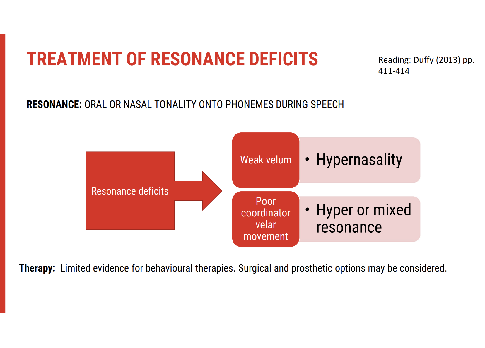 <ul><li><p><span><strong>Resonance issues</strong> often manifest as <strong>oral or nasal tonality</strong> in speech.</span></p></li><li><p><span>This is usually caused by:</span></p><ul><li><p><span>A <strong>weak velum</strong> (soft palate), or</span></p></li><li><p><span><strong>Poorly coordinated velar movement</strong>.</span></p></li></ul></li></ul><p>&nbsp;</p><p><span><strong>Therapeutic Approaches</strong></span></p><ul><li><p><span><strong>Behavioural therapy</strong>:</span></p><ul><li><p><span><strong>Limited evidence</strong> supports its effectiveness for resonance disorders.</span></p></li><li><p><span>May be attempted in mild cases or as adjunct support.</span></p></li></ul></li><li><p><span><strong>Surgical or prosthetic interventions</strong>:</span></p><ul><li><p><span>More commonly used when resonance deficits are <strong>significantly impacting communication</strong> or <strong>quality of life</strong>.</span></p></li><li><p><span>Examples include:</span></p><ul><li><p><span><strong>Palatal lift prostheses</strong></span></p></li><li><p><span><strong>Surgical correction</strong> of velopharyngeal insufficiency</span></p></li></ul></li></ul></li></ul><p>&nbsp;</p>