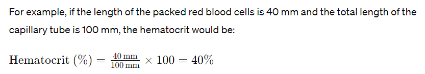 <p>Then you would need to measure the length of the RBC. Then measure the length of the RBC and the plasma. Divide RBC by total, before multiplying by 100 to get percentage. mm is easiest. </p>