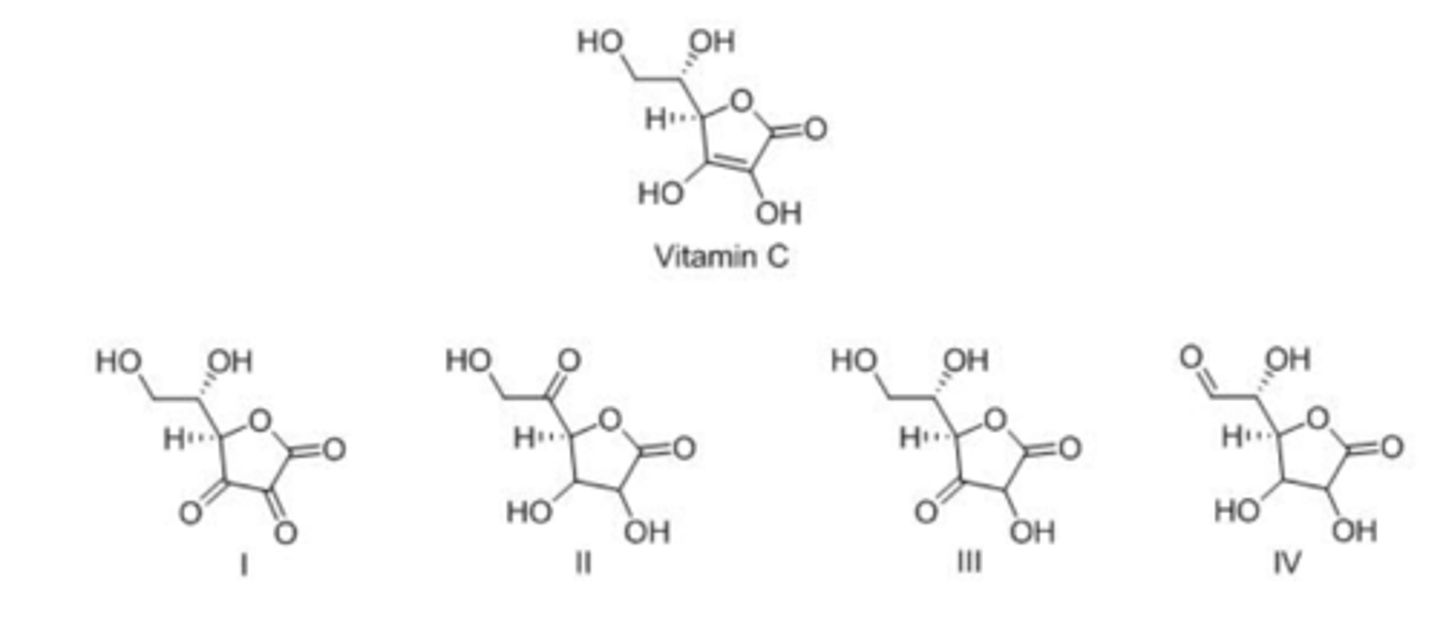 <p>Vitamin C is a stable enediol. Which is the structure of a possible keto form in equilibrium with the enediol form?</p><p>A. I</p><p>B. II</p><p>C. III</p><p>D. IV</p>