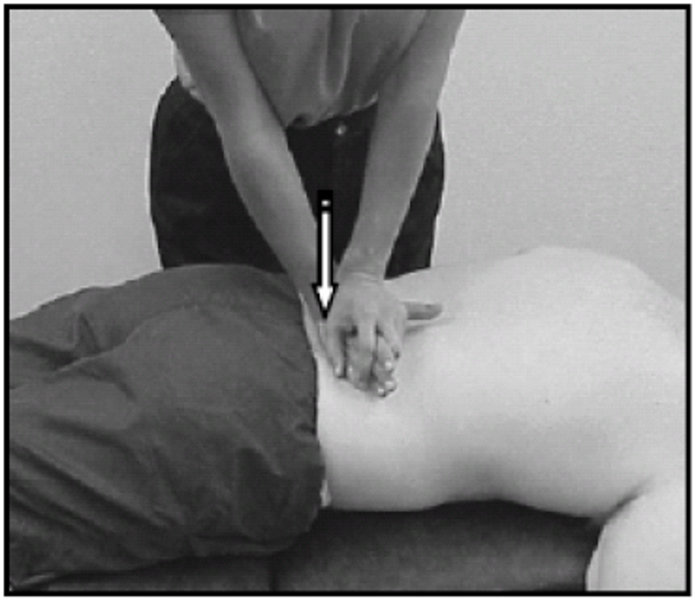 <p>1. Stand over pt with long lever arm (vertical, arm over palm), stand in a straddle &amp; hinge at hips; Extend wrist to tension/lock pisiform</p><p>3. Palpate spinous process with pisiform &amp; assess for resistance/symmetry/pain/asymmetry</p>