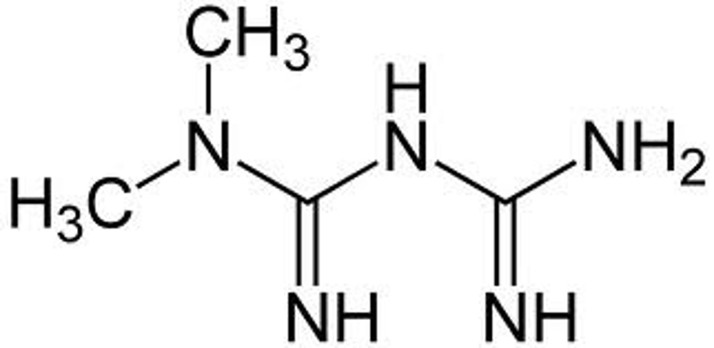 <p><strong>Brand: </strong>Glucophage</p><p><strong>Class: </strong>Biguanide</p><p><strong>MOA: </strong>Decreases hepatic glucose production, decreases intestinal absorption of glucose and improves insulin sensitivity (increases peripheral glucose uptake and utilization)</p>