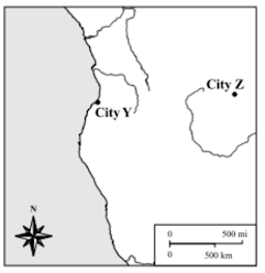 The map below shows the locations of two cities. City Y is near the coast, and city Z is near the middle of a continent. The cities have the same elevation. Based on the map, which of the following statements describes how the climates of the two cities are most likely different?