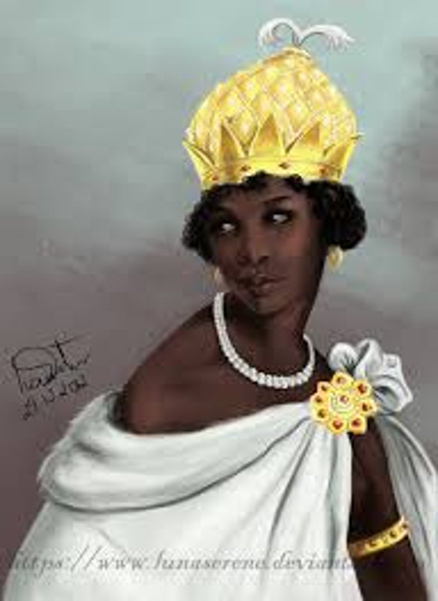 <p>Ruler of Ndongo in south-central Africa that became an ally to Portugal to stop Portuguese slave raids and attacks from other Africans. However, she and her people fled west after peace broke down. She took over Matamba, incited a rebellion in Ndongo, allied with the Dutch, and offered freedome to enslaved Africans.</p>