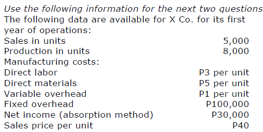 <p>What would X Co. have reported as its income before tax if it had used variable costing?</p><p>a. P30,000   c. P67,500</p><p>b. P(7,500)   d. P45,000</p>