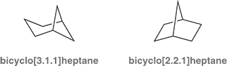 <ol><li><p>Find the two bridgehead carbons. Then count the number of carbons (excluding the bridge heads) along each of the three paths connecting them. Write these numbers from largest to smallest inside the brackets</p></li><li><p>Ex: [2.2.1]</p></li></ol><p></p><p></p>
