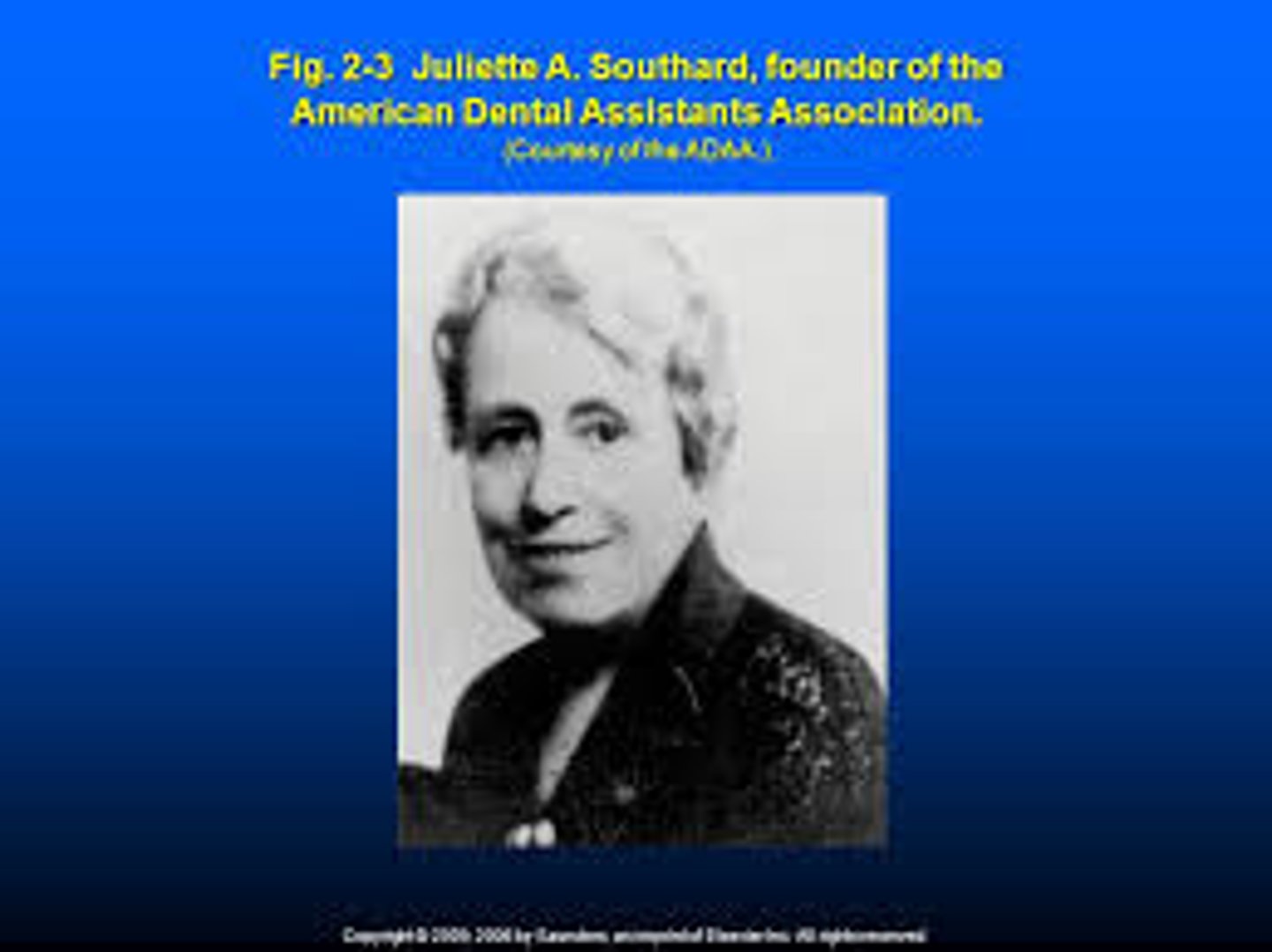 <p>1924, Southard's vision was "an educated, efficient dental assistant with her own place in the profession of dentistry."</p>