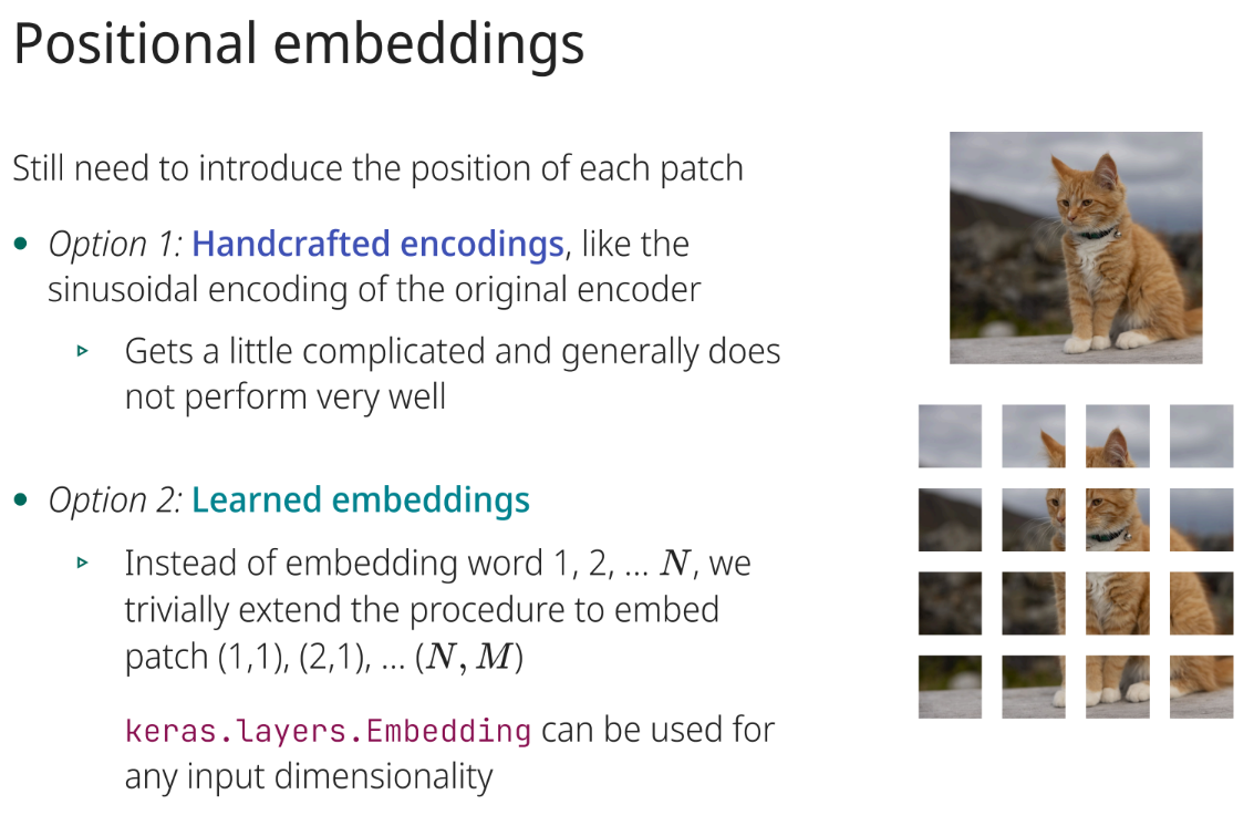 <p>Handcrafted encodings (e.g., sinusoidal) or learned embeddings.</p>