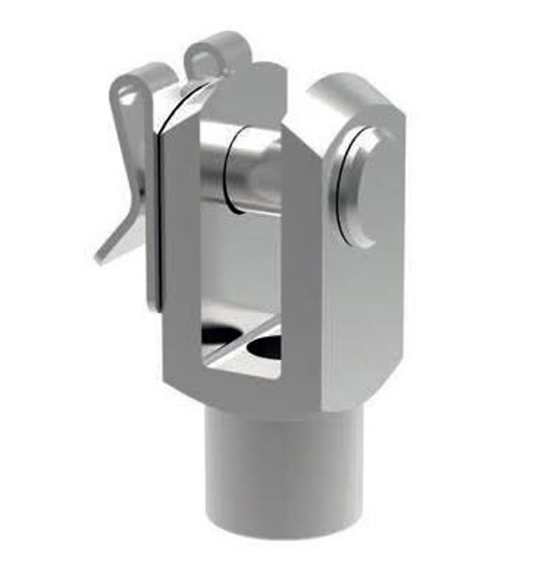 <p>A U-shaped piece with holes into which a link is inserted and through which a pin or bolt is run. It is used as a fastening device which allows rotational motion.</p>