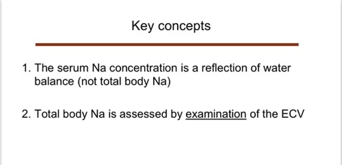 <p>total body sodium is assessed by the examination of the extracellular volume (ECV)</p>