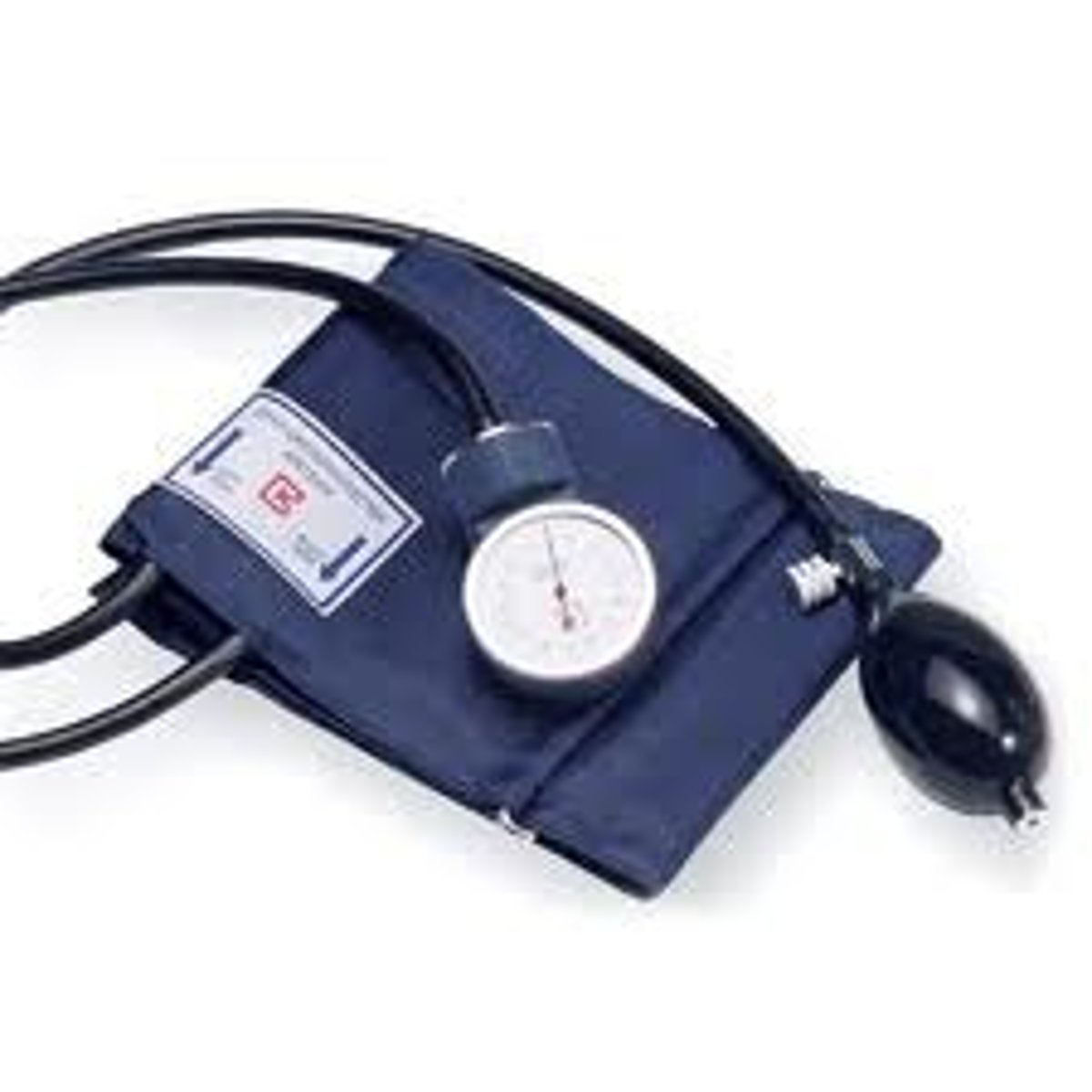<p>BP measurement equipment that typ appears as a dial w/ #s, bulb &amp; bp cuff</p>