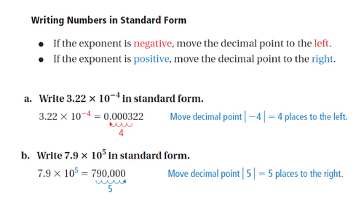 <p>The absolute value of the exponent indicates how many places to move the decimal point.</p>