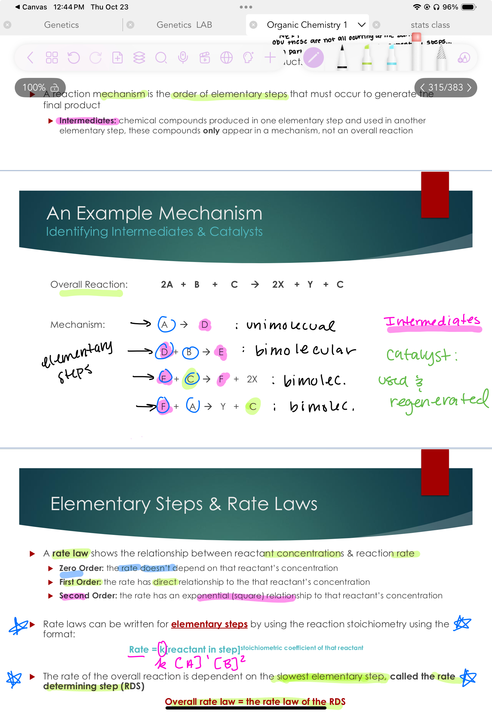 <p>Reactions typically occur in a series of elementary steps :&nbsp;description of what molecules collide to lead to a product</p><p></p><p> Typically unimolecular or bimolecular</p><p> Overall reaction: Summary of all reactants &amp; final products</p><p> A reaction mechanism is the order of elementary steps that must occur to generate the final product</p><p><strong> Intermediates:</strong> chemical compounds produced in one elementary step and used in another elementary step, these compounds only appear in a mechanism, not an overall reaction</p><p></p><p>Mechanisms are just a guess of how things happen, and they’re ot factual this is how this happens.&nbsp;</p>