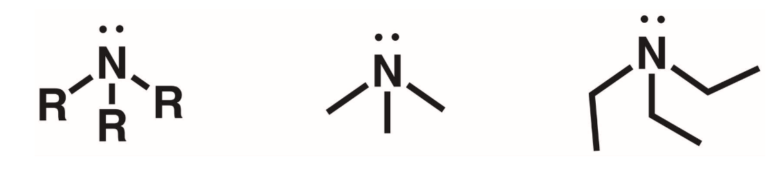 <p>3 of the hydrogens of ammonia replaced with R groups </p>