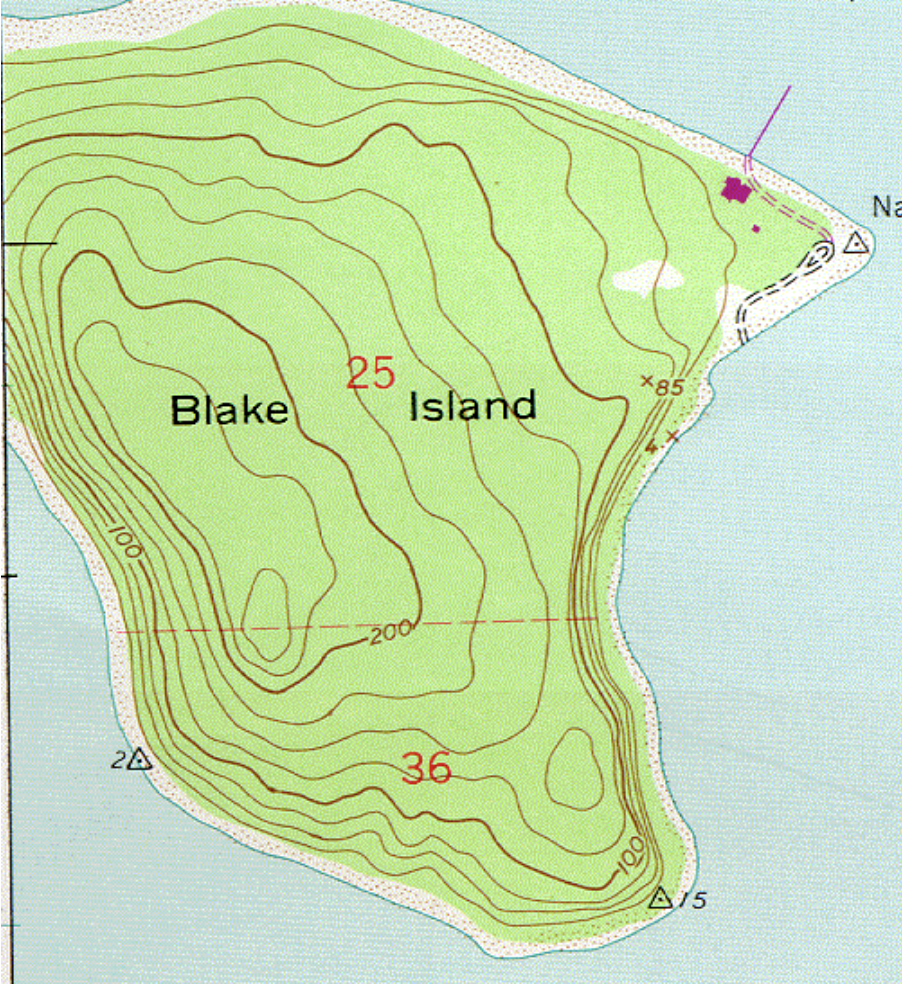<p>From which direction would it be easiest to climb from the shore to the top of Blake Island?</p>